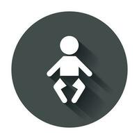 Baby vector icon. Child flat illustration on black round background with long shadow.