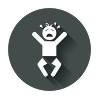 Crying baby vector icon. Anger emotions child flat illustration on black round background with long shadow.