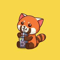 Cute red panda drink boba milk tea simple cartoon vector icon illustration animal drink