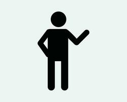 Stick Figure Waving Icon. Man Person Character Pose Gesture Show Point Pointing Show Stand Black White Graphic Clipart Artwork Symbol Sign Vector EPS