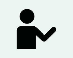 Stick Figure Gesture Icon. Man Person Character Point Pointing Arm Hand Presentation Teach Black White Graphic Clipart Artwork Symbol Sign Vector EPS
