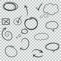 Hand drawn arrows and circles icon set. Collection of pencil sketch symbols. vector