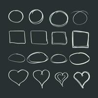 Hand drawn circles, squares and hearts icon set. Collection of pencil sketch symbols. Vector illustration on black background.