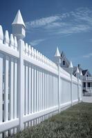 A fragment of a white vinyl fence. Fencing of the house territory Copy space created with Generative AI technology photo