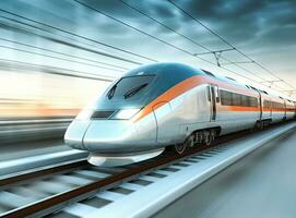 alto velocidad tren en movimiento. moderno interurbano pasajero tren con movimiento difuminar efecto en el ferrocarril plataforma. creado con generativo ai tecnología foto