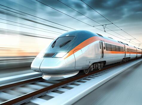 High speed train in motion. Modern intercity passenger train with motion blur effect on the railway platform. created with technology photo