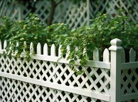 A fragment of a white vinyl fence. Fencing of the house territory Copy space created with Generative AI technology photo