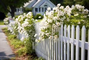 A fragment of a white vinyl fence. Fencing of the house territory Copy space created with Generative AI technology photo