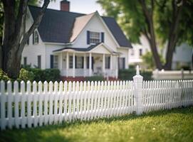 A fragment of a white vinyl fence. Fencing of the house territory Copy space created with Generative AI technology photo