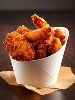 Fried chicken in paper bucket created with Generative AI technology photo