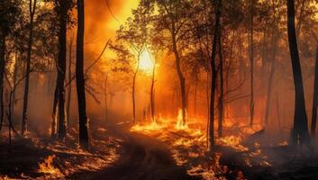Wildfires or forest fire burning with a lot of smoke created with technology photo