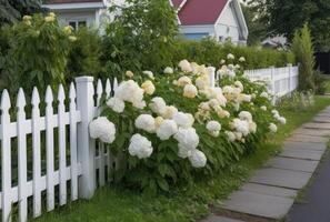 A fragment of a white vinyl fence. Fencing of the house territory Copy space created with Generative AI technology photo