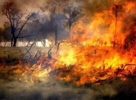 Wildfires or forest fire burning with a lot of smoke created with technology photo
