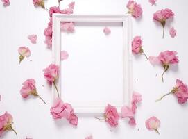 round frame wreath pattern with roses, pink flower buds, branches and leaves isolated on white background. flat lay, top view created with Generative AI technology. photo