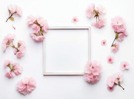 round frame wreath pattern with roses, pink flower buds, branches and leaves isolated on white background. flat lay, top view created with Generative AI technology. photo