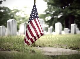 Small American flags and headstones at National cemetary- Memorial Day display created with Generative AI technology. photo