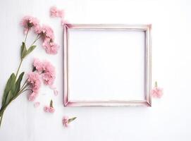 round frame wreath pattern with roses, pink flower buds, branches and leaves isolated on white background. flat lay, top view created with Generative AI technology. photo