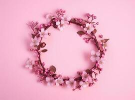 Flowers composition. Wreath made of pink flowers on pink background. Flat lay, top view, copy space created with Generative AI technology. photo