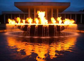 closeup of the eternal flame monument at the city memorial complex created with technology. photo