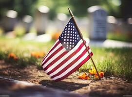 Small American flags and headstones at National cemetary- Memorial Day display created with Generative AI technology. photo