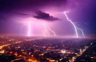 relámpago tormenta terminado ciudad en azul ligero creado con generativo ai tecnología. foto