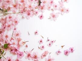 round frame wreath pattern with roses, pink flower buds, branches and leaves isolated on white background. flat lay, top view created with Generative AI technology. photo