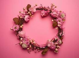 Flowers composition. Wreath made of pink flowers on pink background. Flat lay, top view, copy space created with Generative AI technology. photo