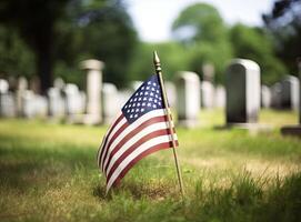 Small American flags and headstones at National cemetary- Memorial Day display created with Generative AI technology. photo