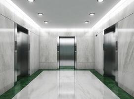 Open and closed chrome metal office building elevator doors realistic photo. Lift transportation floor to floors with push switch for up and down. created with Generative AI technology. photo