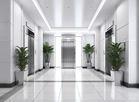 abierto y cerrado cromo metal oficina edificio ascensor puertas realista foto. levantar transporte piso a pisos con empujar cambiar para arriba y abajo. creado con generativo ai tecnología. foto