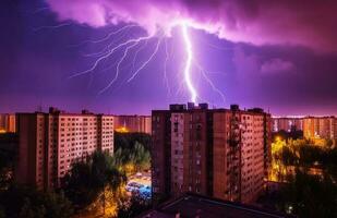 relámpago tormenta terminado ciudad en azul ligero creado con generativo ai tecnología. foto