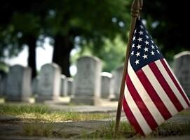 Small American flags and headstones at National cemetary- Memorial Day display created with Generative AI technology. photo