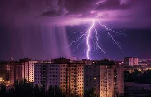 relámpago tormenta terminado ciudad en azul ligero creado con generativo ai tecnología. foto