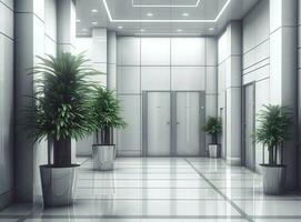 Open and closed chrome metal office building elevator doors realistic photo. Lift transportation floor to floors with push switch for up and down. created with Generative AI technology. photo
