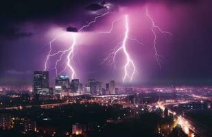 Lightning storm over city in blue light created with Generative AI technology. photo