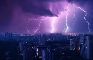 Lightning storm over city in blue light created with Generative AI technology. photo