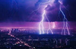 Lightning storm over city in blue light created with Generative AI technology. photo