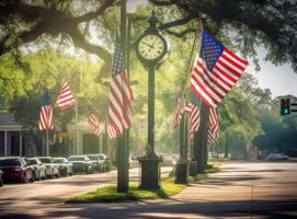 American flag fluttering in the breeze on a deserted main street on memorial day. created with Generative AI technology. photo