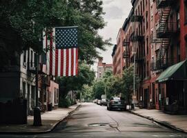 American flag fluttering in the breeze on a deserted main street on memorial day. created with Generative AI technology. photo