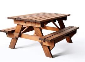 Wooden picnic table and benches isolated on white background created with technology photo