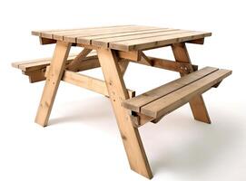 Wooden picnic table and benches isolated on white background created with technology photo