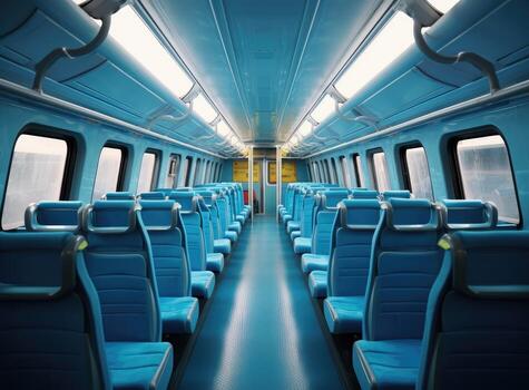 Image with the interior of border train. A odern train with comfortable and colorful chairs. created with technology photo