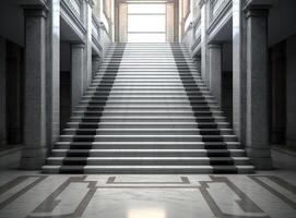 The main hall with a large staircase, columns. Many steps leading to the top. created with technology photo