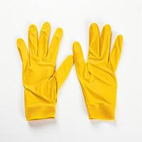 Yellow rubber gloves for cleaning on white background, workhouse concept created with technology photo