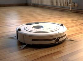 robotic vacuum cleaner on laminate wood floor smart cleaning technology created with technology photo