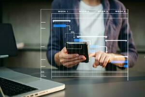 gerente de proyecto trabajando y actualizando tareas con hitos de planificación de progreso y diagrama de programación de diagramas de gantt. negocios que trabajan con teléfonos inteligentes, tabletas y computadoras portátiles foto