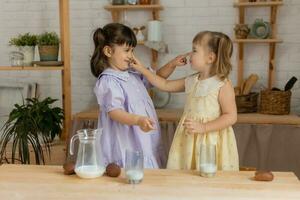 little happy girls fool around in the spring and cook in the kitchen photo