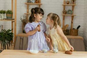 little happy girls fool around in the spring and cook in the kitchen photo