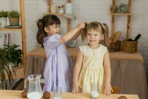 little happy girls fool around in the spring and cook in the kitchen photo