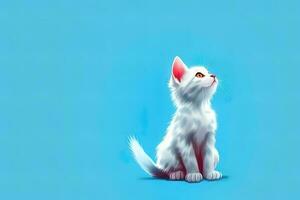 A cute little white cat on a blue background, generated by ai photo